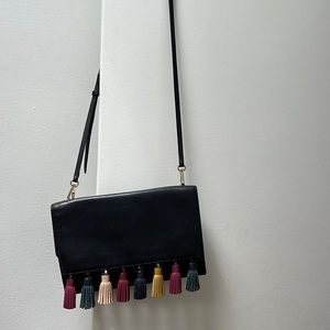 Rebecca Minkhoff black leather tassel envelope clutch